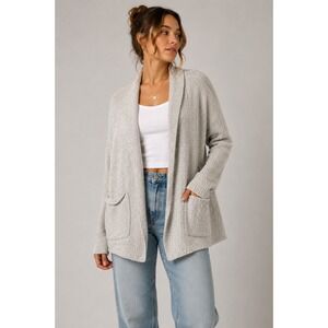 Anthropologie Gray Open Front Cardigan Sweater Shawl Collar Knit Pockets M |A1‎